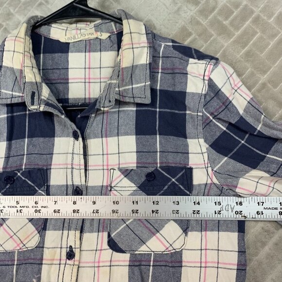Vanilla Star Womens S Flannel Shirt Blue Plaid Long Sleeve Button Front Western - Picture 8 of 16